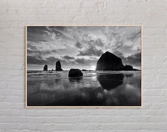 Impresión en blanco y negro de Cannon Beach, arte mural de Cannon Beach, póster de Cannon Beach, foto de Cannon Beach, decoración de pared de Cannon Beach, Oregón, EE. UU.