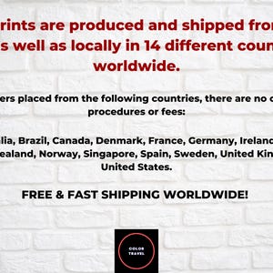 The image is a promotional text for a company that produces and ships prints worldwide. It states that the prints are produced and shipped from the US and 14 different countries, and there are no customs procedures or fees for orders placed from these countries. The text also mentions that the company offers free and fast shipping worldwide.
