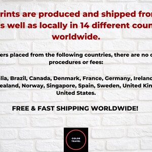 The image is a promotional text for a company that produces and ships prints worldwide. It states that the prints are produced and shipped from the US and 14 different countries, and there are no customs procedures or fees for orders placed from these countries. The text also mentions that the company offers free and fast shipping worldwide.