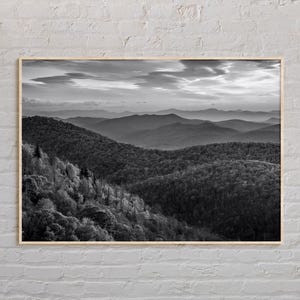 Zwart-wit, Blue Ridge Mountains print, Blue Ridge Mountains kunst aan de muur, Blue Ridge Mountains poster, poster print Verenigde Staten