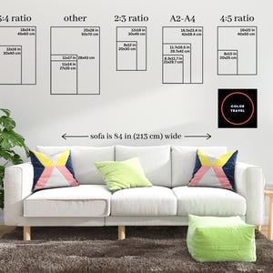 The image is a living room with a white sofa, a wooden coffee table, and a potted plant. Above the sofa, there are five different ratios or measurements indicating the size of the sofa in relation to the wall, including a 3/4 ratio, other, 2/3 ratio, A2A4, 4/5 ratio, and A2A4. The image also includes a color palette, which is a small circle with the word "COLOR TRAVEL" inside it.