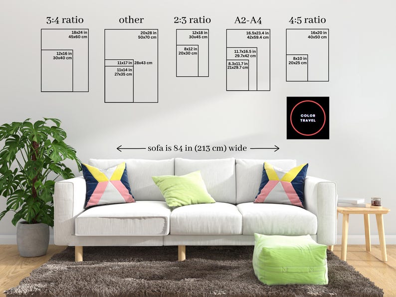 The image is a living room with a white sofa, a wooden coffee table, and a potted plant. Above the sofa, there are five different ratios or measurements indicating the size of the sofa in relation to the wall, including a 3/4 ratio, other, 2/3 ratio, A2A4, 4/5 ratio, and A2A4. The image also includes a color palette, which is a small circle with the word "COLOR TRAVEL" inside it.