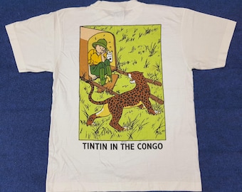 Maglietta vintage anni '90 con fumetto retrò Tintin in Congo