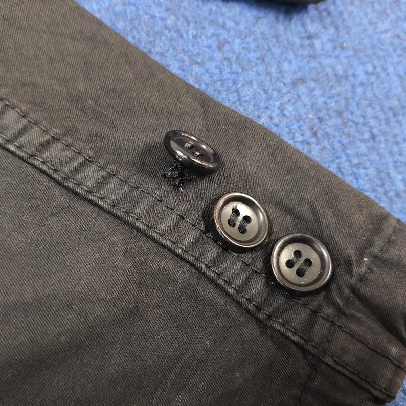 May include: Close-up of a section of dark gray fabric with three black buttons. The buttons are round with two sets of holes. The fabric has visible stitching along the seam.