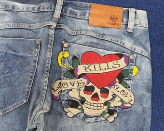 Vintage Ed Hardy Love Kills Slowly Embroidered Skull Jeans