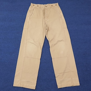 May include: Khaki-colored work pants with a straight leg design. The pants feature multiple pockets, reinforced knee patches, and button closures at the waist. The pants are made of a durable fabric and are suitable for work or casual wear.