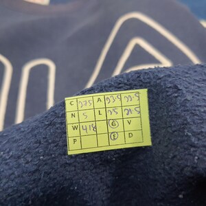 Puede incluir: Primer plano de una sudadera azul marino con un logotipo blanco. Una peque&ntilde;a etiqueta amarilla con n&uacute;meros y letras manuscritos est&aacute; adherida a la tela. Se aprecia la textura de la sudadera.