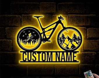 Custom Cyclist Mountain Bike Metal Wall Art LED Lights, Personalized Bicycle MTB Name Sign Home Decor Biker Decoration Bike Mud Sweat Gear