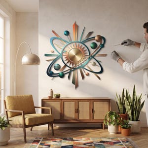 May include: A metal wall art piece featuring a central sun-like disc surrounded by orbiting spheres and radiating spikes. The design incorporates a color palette of metallic gold, teal, copper, and dark blue, arranged in a complex celestial pattern.