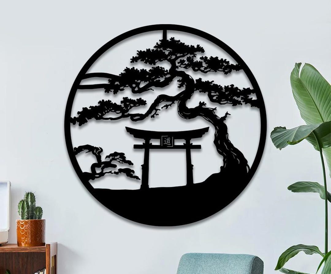 Japanese Torii Gate Metal Wall Art, Bonsai Tree Metal Wall Decor, Asia ...