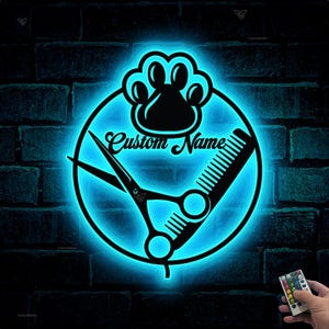Custom Dog Grooming Hair Salon Metal Wall Art LED Lights Personalized Groomer Name Sign Home Decor Pet Barber Shop Decoration Christmas Gift