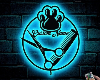 Custom Dog Grooming Hair Salon Metal Wall Art LED Lights Personalized Groomer Name Sign Home Decor Pet Barber Shop Decoration Christmas Gift
