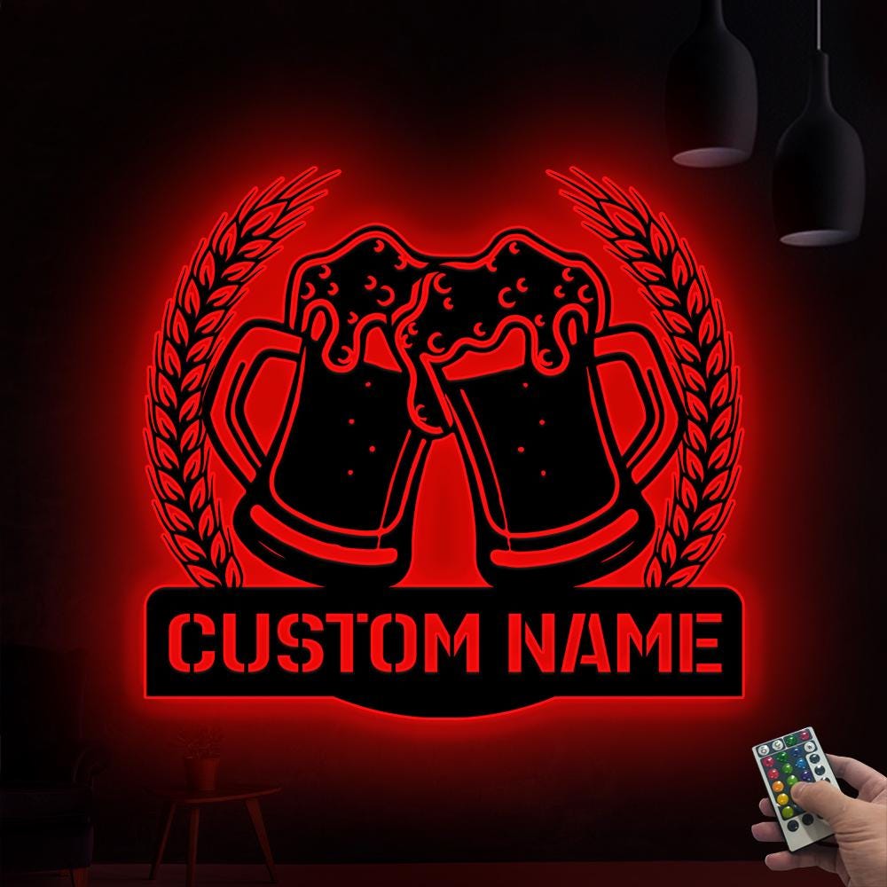 Personalized Beer Bar Metal Wall Art LED Light Custom Beer Mug Cheers ...