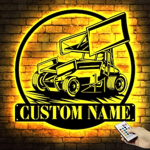 Sprint Car Custom Metal Wall Art With LED Lights, Personalized Sprint Car Metal Signs, Garage Name Metal Wall Decor, Car Wall Hanging, gift