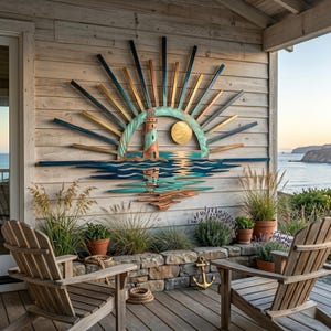 Può includere: Una grande opera d'arte da parete in metallo raffigurante un faro e un sole, con raggi radianti in tonalità blu, rame e verde acqua. Il design mostra un faro su una costa con un sole circolare, creando una scena costiera con linee ondulate.
