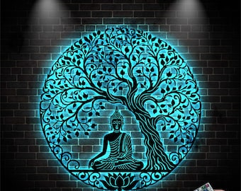 Tree of Life and Buddha Metal Wall Decor, Large Buddha Wall Art for Living Room, Oversized Buddha Decor for Yoga Room, Tree of Life Wall Art