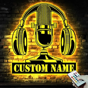 Custom Music Audio Studio Metal Wall Art LED Light Personalized Microphone Headphones Name Sign Home Decor Musical Musician Room Decoration