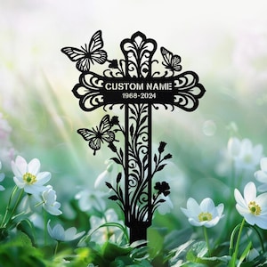 Personalized Butterfly Cross Memorial Stake Plaque, Metal Cross with Butterflies for Garden, Memorial Cross Stakes, Metal Grave, Home Gift
