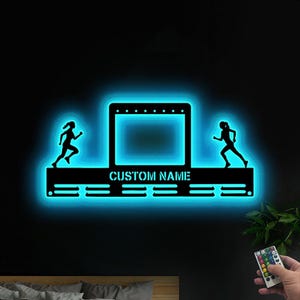 Custom Running Medal Holder Race Bib Holders Medal Led Lights, Personalized Name Metal Medal Display Rack for Awards, Athlete Race Numbers