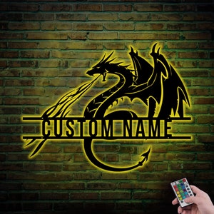 Dragon Metal Wall Art with LED Lights Personalized, Custom Name Dragon Metal Sign, Dragon Gifts Funny, Boy room Decor Dragon lover Gift Sign