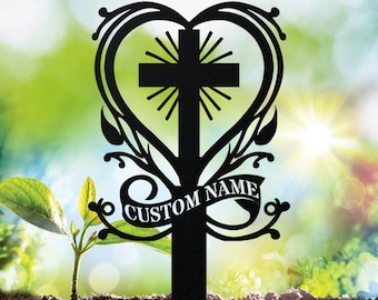 Letrero de jardín personalizado con forma de cruz de corazón y infinito, oxidado, decoración religiosa para exteriores, arte de metal para jardín, regalo cristiano, decoración vintage para jardín, estaca de metal para jardín.
