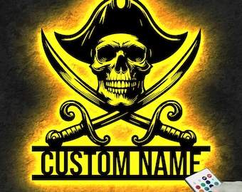 Gepersonaliseerde piratenschedel en zwaarden metalen bord met led-licht, wanddecoratie, piratenschedelbord, decor mangrot, uniek cadeau, cadeau voor jongen