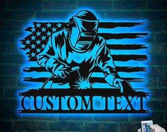 Custom Welding US Flag Metal Wall Art LED Light, Personalized Welder Name Sign Home Decor, Welding for Home Decor & Gift, Welding sign gift