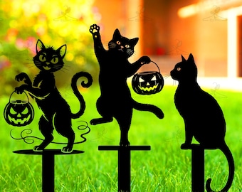 Letrero decorativo para exteriores con diseño de gato brujo, decoración de jardín con forma de calabaza y gato, estaca de metal para Halloween, decoración espeluznante para fiesta de Halloween en el jardín o el césped.