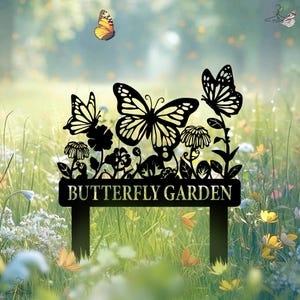 May include: Black metal butterfly garden sign with the text "Butterfly Garden" in gold lettering. The sign features a large butterfly with its wings spread out, surrounded by smaller butterflies and flowers.