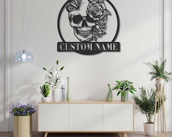 Personalized Sugar Skull Metal Sign,Custom Skull Wall Art For room Decor,Man Cave Decor,Skull Metal Art,Skull Name Sign,Skull Wall Hanging