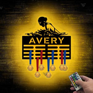 Personalized BreastStroke Swimming Medal Hanger With Led Light Swimmer Medal Holder Display Rack For Award And Ribbon Tiered Award RackSport