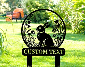 Cutsom Flowers Rabbit Metal Garden Stake Sign, Bunny Garden Signs, Custom Rabbit Yard Stake Sign, Rabbit Memorial Stake, Bunny Lover Gift