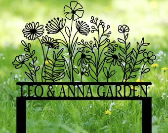 Letrero de jardín personalizado con estaca, letrero de metal para jardín con flores, estaca de jardín personalizada, letrero de jardín, decoración de jardín, letrero con nombre de jardinero, letrero de jardín familiar
