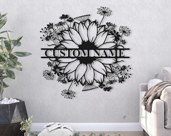 Arte de pared de metal con monograma de girasol personalizado, decoración de pared de metal con nombre de granja de girasol personalizado, letrero de girasol, amante de los girasoles, girasol