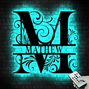 Personalisiertes Blechschild mit Led Beleuchtung | Monogramm Wanddekoration | Metall Wand Kunst | Nachname-Zeichen | Familien Name Zeichen |Personalisiertes Hochzeitsgeschenk