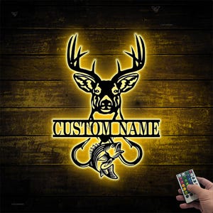 Polowanie na jelenie Hak na ryby Metalowy znak LED Światła, Polowanie na jelenie Neonowe znaki, Polowanie na jelenie Metalowa sztuka ścienna LED, Polowanie na jelenie Prezent, Deer Decor Cabin