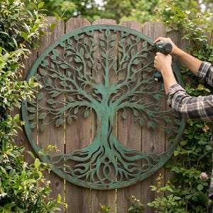 May include: A circular, verdigris metal tree of life wall decoration is fixed to a wooden fence. The tree design features detailed branches, leaves, and roots. The metal has a weathered look, and the fence is made of vertical wooden planks.