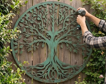 Insegna in metallo Albero della Vita, patina verde rame, decorazione da parete per giardino, grande e rotonda, ispirata alla natura.