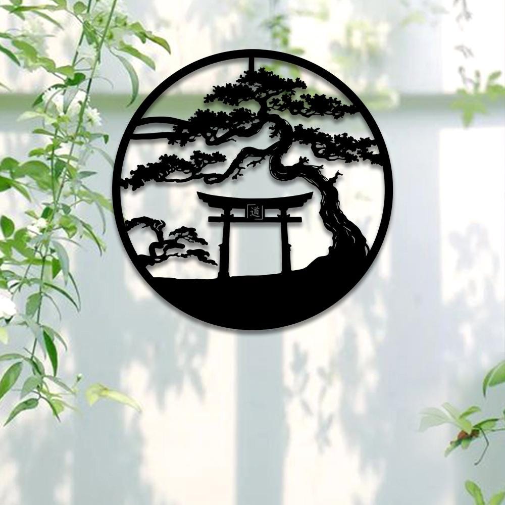 Japanese Torii Gate Metal Wall Art, Bonsai Tree Metal Wall Decor, Asia ...