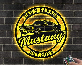 Letrero de garaje colgante personalizado de acero y metal, regalo de Mustang, arte mural de Mustang, arte mural de coche, garaje de Mustang, letrero de garaje personalizado, regalo del Día del Padre