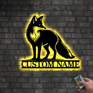 Custom Fox Metal Wall Art LED Light Personalized Fox Lover Name Sign Home Decor Kid Nursery Decoration Wild Animal Housewarming Birthday