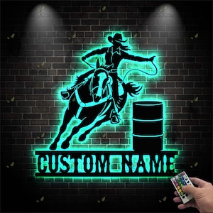 Custom Barrel Racer LED Metal Sign, Personalized Cowgirl Light, Rodeo Wall Art, Horse Lover Gift , Western Home Decor , Farmhouse LED Sign