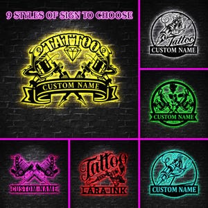 Custom Tattoo Artist Monogram Metal Sign With LED Light, Personalized Tattoo Shop Light Up Decor,Tattoo Studio Metal Decor, Art Studio Decor