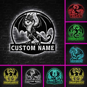 Personalized Fire Dragon LED Art, Dragon Monogram Sign,Custom Dragon Metal Art,Dragon Name House Sign,Room Decor,Gift for Dragon Enthusiasts
