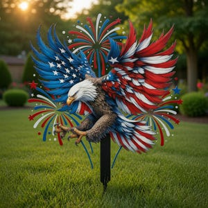 Puede incluir: Un adorno de jardín patriótico que representa un águila calva con las alas extendidas, pintada con los colores rojo, blanco y azul. Las alas están decoradas con estrellas y rayas. El águila está rodeada de fuegos artificiales y estrellas, sobre un césped verde.