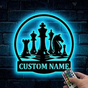 Personalized Chess Metal Wall Art with LED Light,Custom Chess Player Name Sign Home Decor Game Zone Man Cave Kid Nursery Decoration Birthday