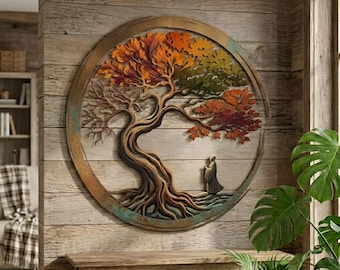 Four Seasons Tree of Life, Metal Zen Wall Art, Buddhist Monk Meditation Plaque, Spiritual Home Decor, Autumn Leaf Living Room Hanging