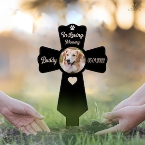Personalized Grave Marker For Dog Metal Sign, Grave Marker With Photo, Cross Memorial Plaques, Pet Sympathy Gifts, Loss of Pet Grave Marker