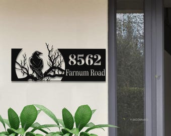 Personalized Crow Raven Metal Address Sign House Number, Hanging Address Plaque | Yard Sign, Outdoor Sign| Garden Stake