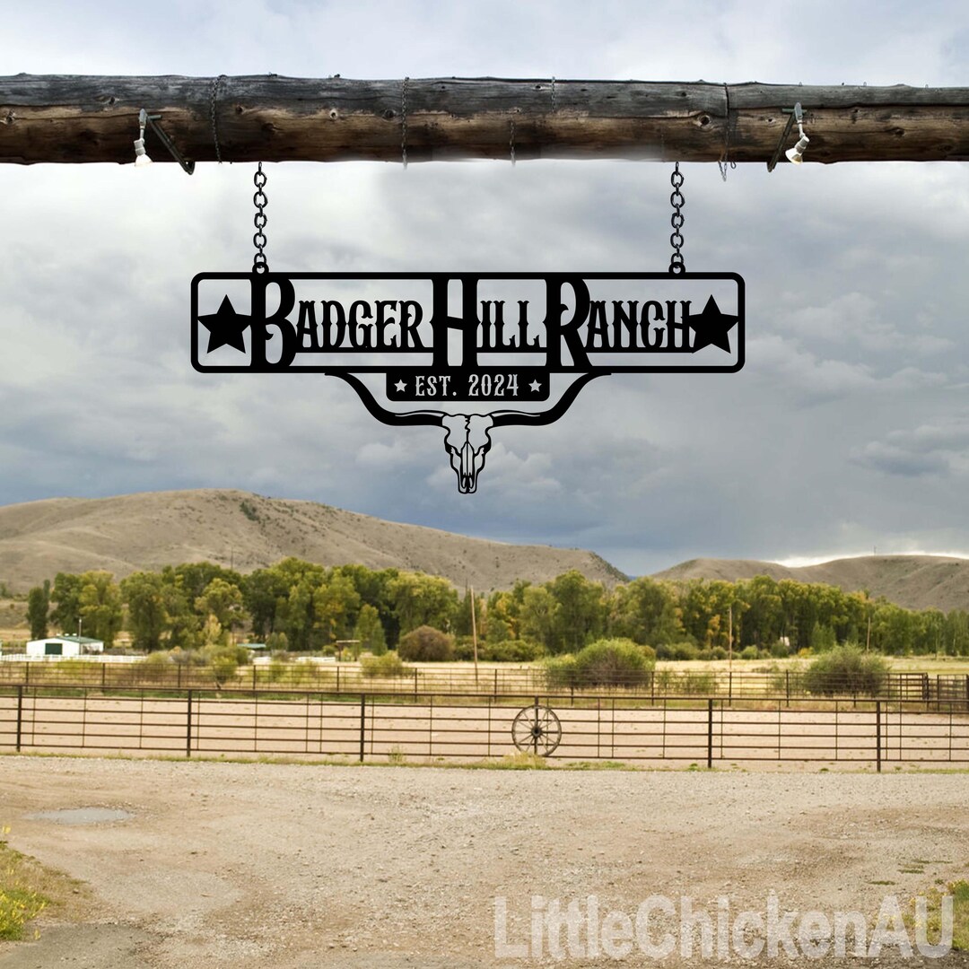 Custom Ranch Sign Personalized Bull Skull Metal Hanging Signage ...